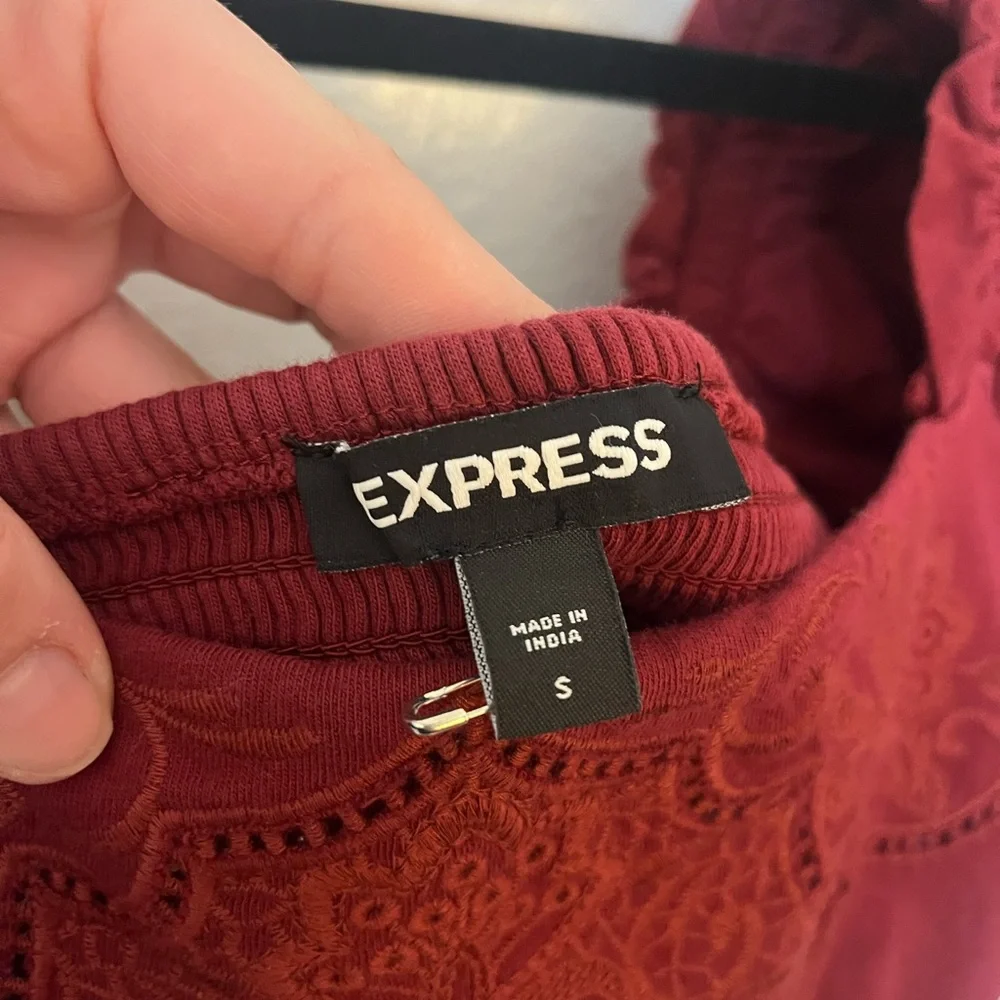 Express Puff Sleeve Burgundy Blouse with Embroidered Details - Picture 2 of 4